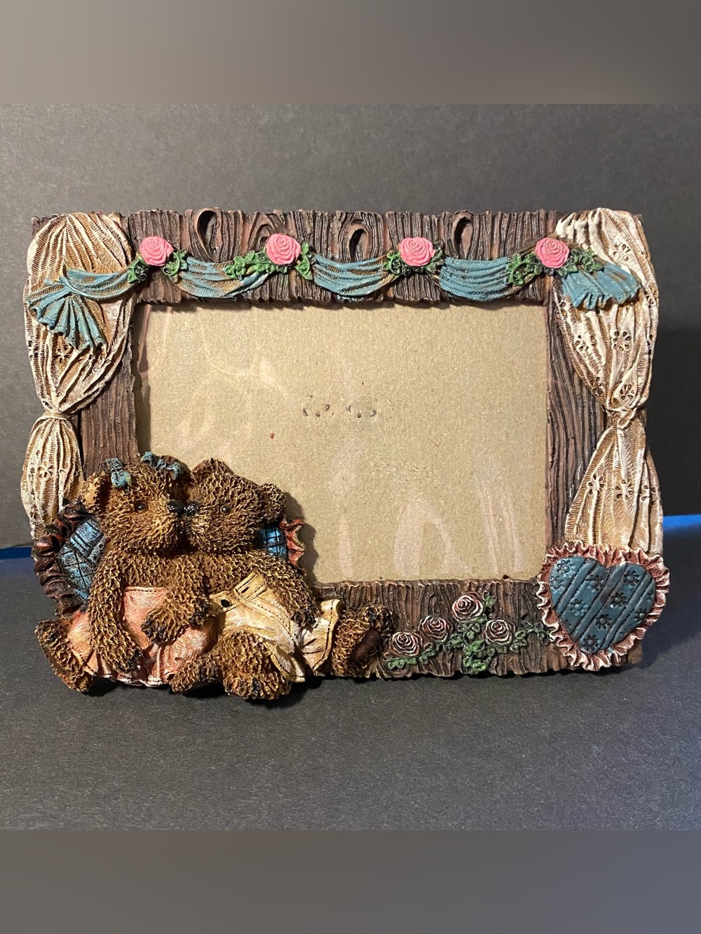 Vintage K’s Collection Bear Couple Photo Frame 4x6 Brown with Pink Rose Accents